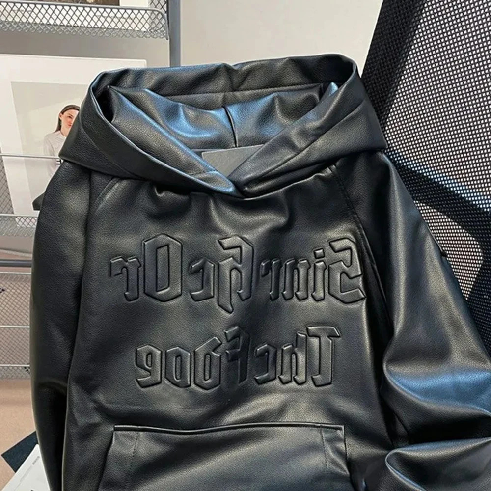 American High Street Pu Leather Motorcycle Clothing Sweatshirt MenS Fashion Trend Heavy Hiphop Hooded Jacket Unisex 250107