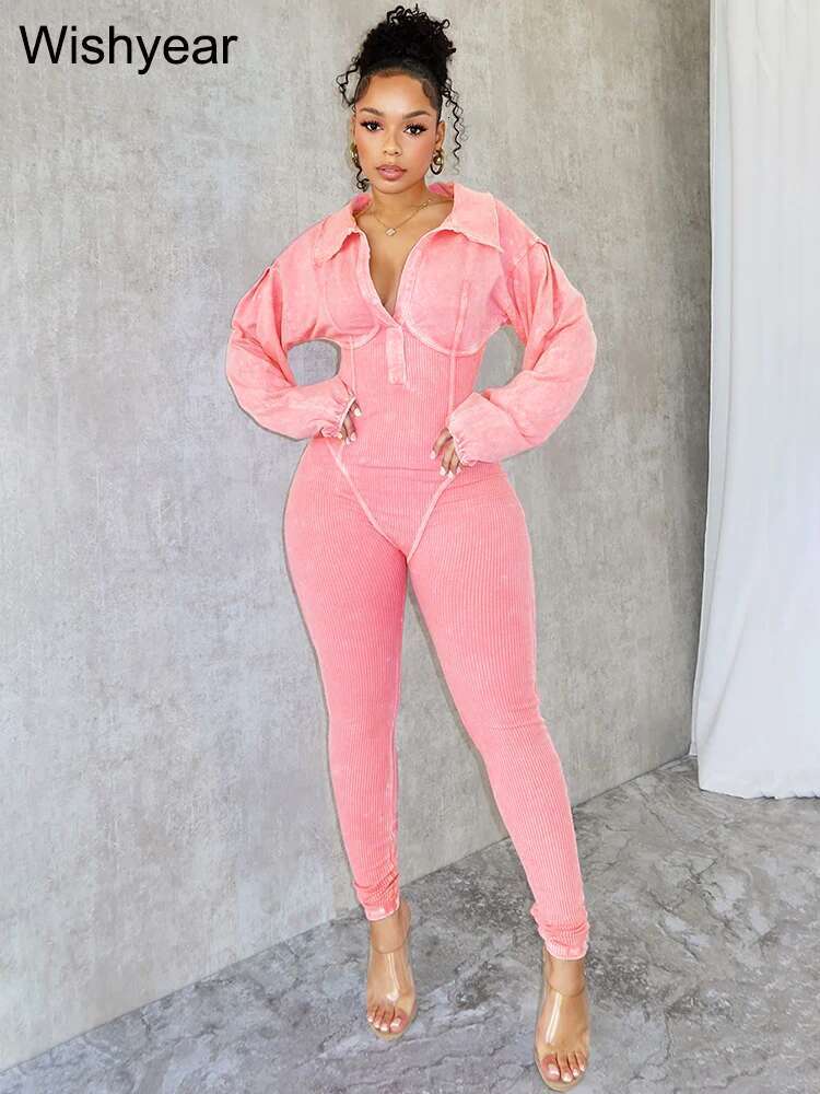 Elegant Autumn Pink Jumpsuits For Women Street Long Sleeve Lapel Bodycon Sexy Sporty Rompers Casual Skinny One Pieces Overall