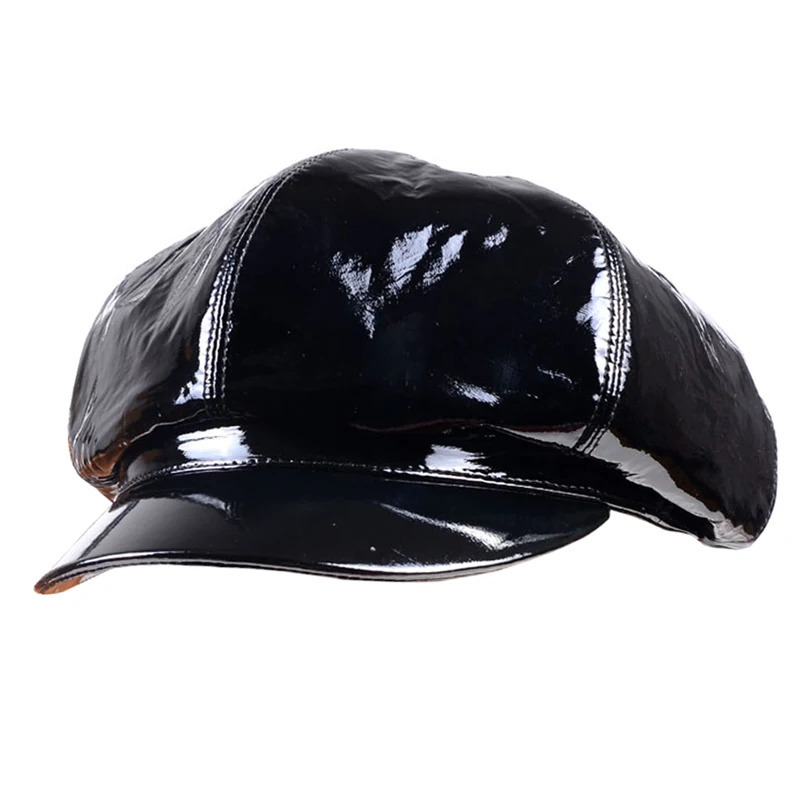 Mens Womens Ladies Real leather Shiny Black Patent Leather Fashion Beret Sailor cap Punk sboy Caps/Hats 250107