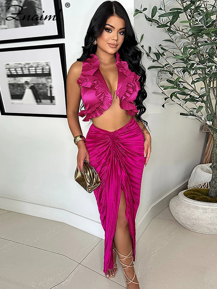 Znaiml Prom Gowns Formal Pleated Two 2 Pieces Women Crop Top and High Slit Skirt Set Ruffles Sexy Night Club Outfits Birthday 250106
