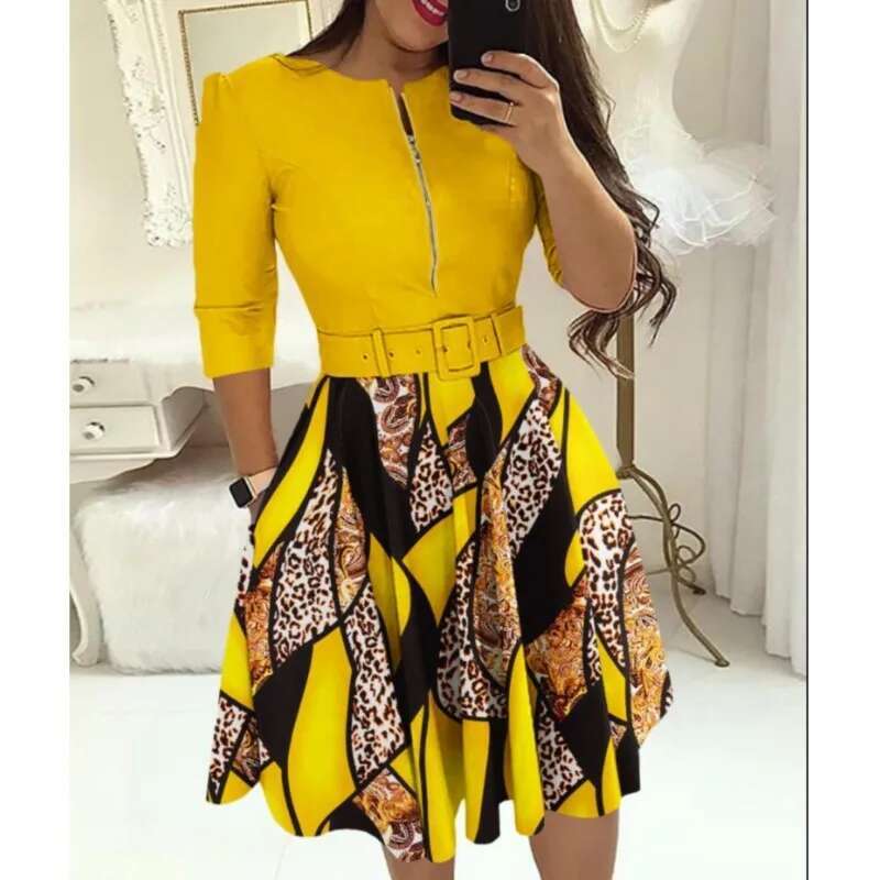 Autumn Elegant Print Slim Belt Party For Women 2023 Sexy V Neck Zipper Long Sleeve A E Dress Office Lady Dresses Femme