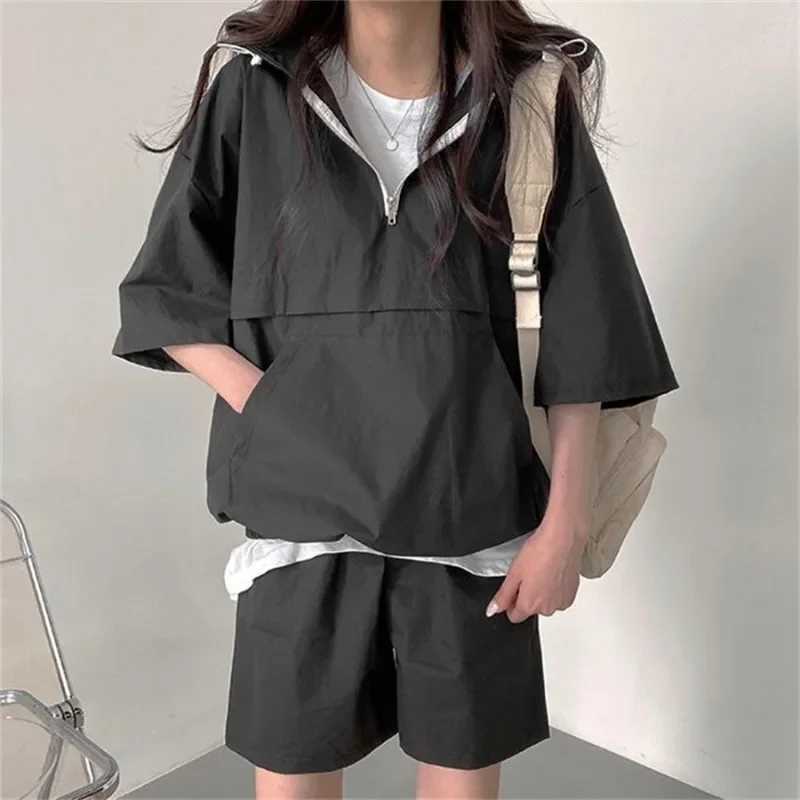Sets for Women 2 Pieces Sweat Suit Summer Shorts T-shirt Hooded Loose Sports Tracksuit Training Bottom Suit Korean Style 2024XJ250106