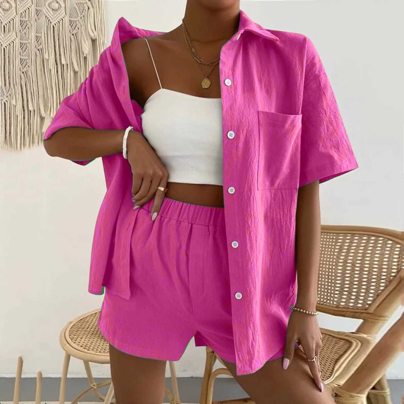 Vacation Fashion Women Suit Casual Solid Shorts And Shirt Top Two Piece Sets Lapel Shirt Temperament Comting Sexy Slim SuitsXJ250106