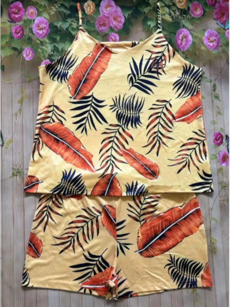 New Summer Womens Two Piece Sets Fashion Print Sveless Camis Tanks Top And High Waist Shorts Suit Casual Outfits FeXJ250106