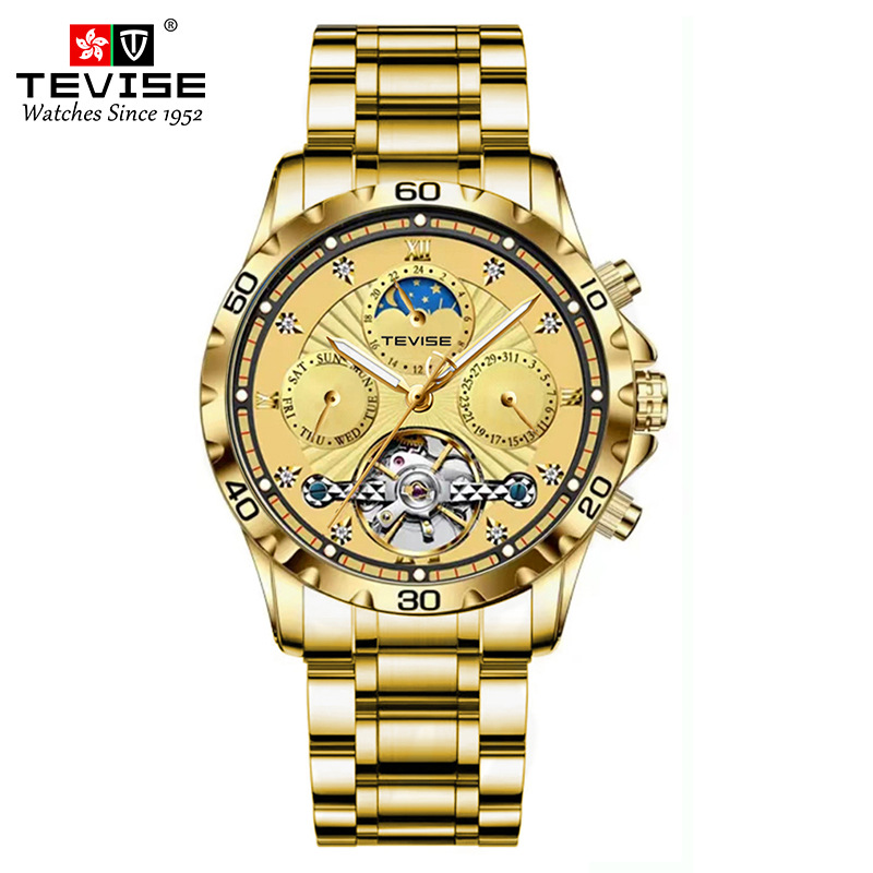 TEVISE Fashion Business Mens Mechanical Watch Waterproof Tourbillon Steel Strap Multifunctional Mens Watch T024-T9009
