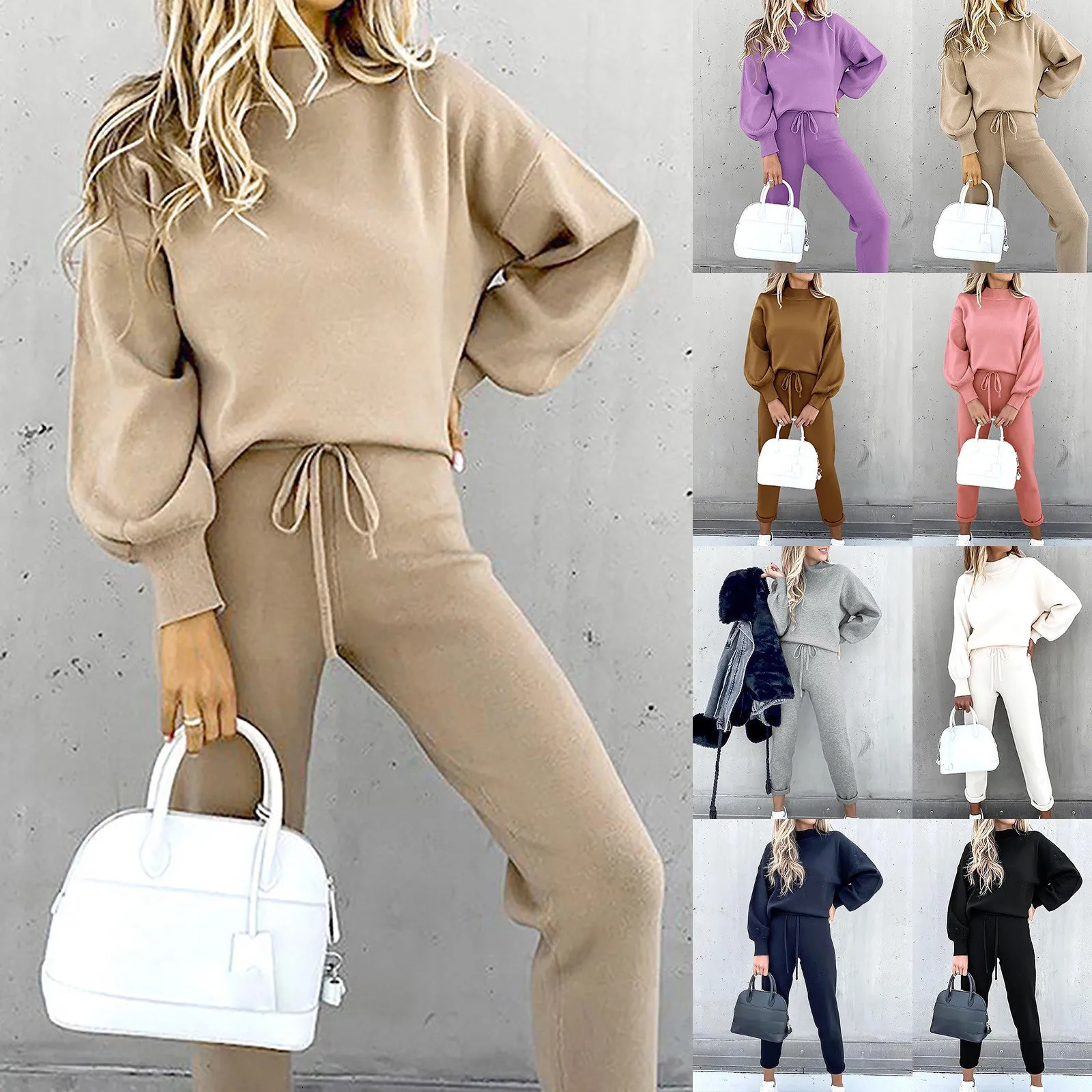 2 Piece Suit Sports for Womens Solid Color Fashion Casual Outfits Set Loungewear Long Sleeve Wide Leg Pants Streetwear 250106