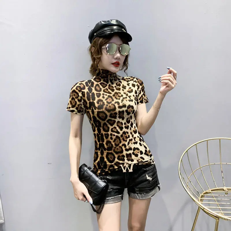 Spring Summer Printed Base Shirt Leopard Print Fashion Long Sleeved T-shirt Mesh Large Size Elastic Slim High Neck Tops 250106