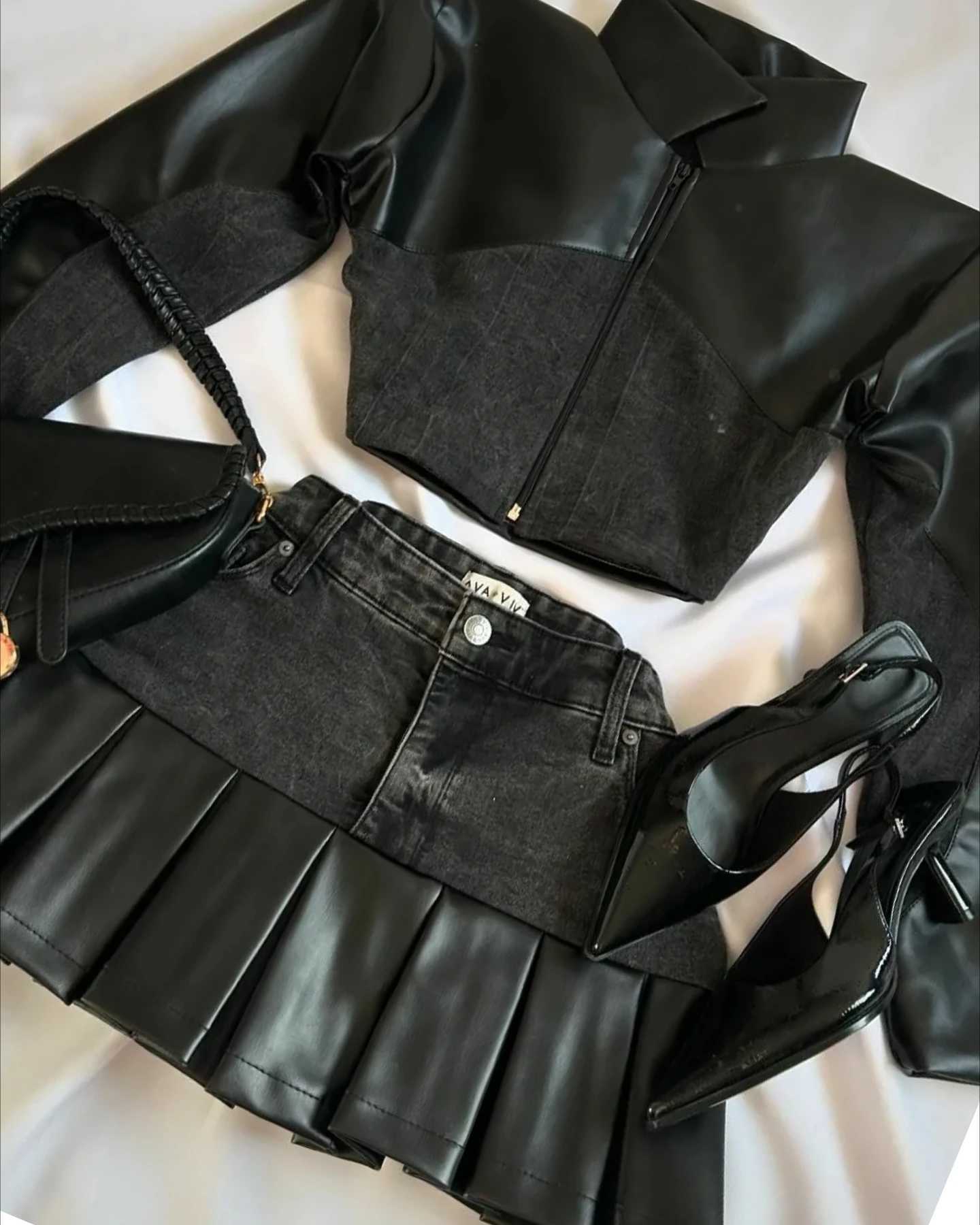 Mens two-piece set womens Y2K clothing retro leather patch work denim cloth leather retro slim cut top long Sve zipper jacket set W250107
