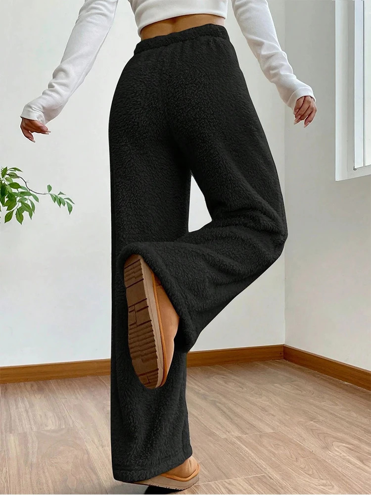 Autumn Winter Solid Women Plush Warm Fleece Wool Pants Casual Loose Drawstring Women High Waist Comfortable Material Sweatpants 250106