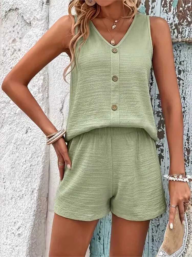 Womens Casual Vest Shorts Suit 2 Pieces Sets Summer New V Neck Buttons Vest High Waist Wide Leg Shorts Sets For Women ClothingXJ250106