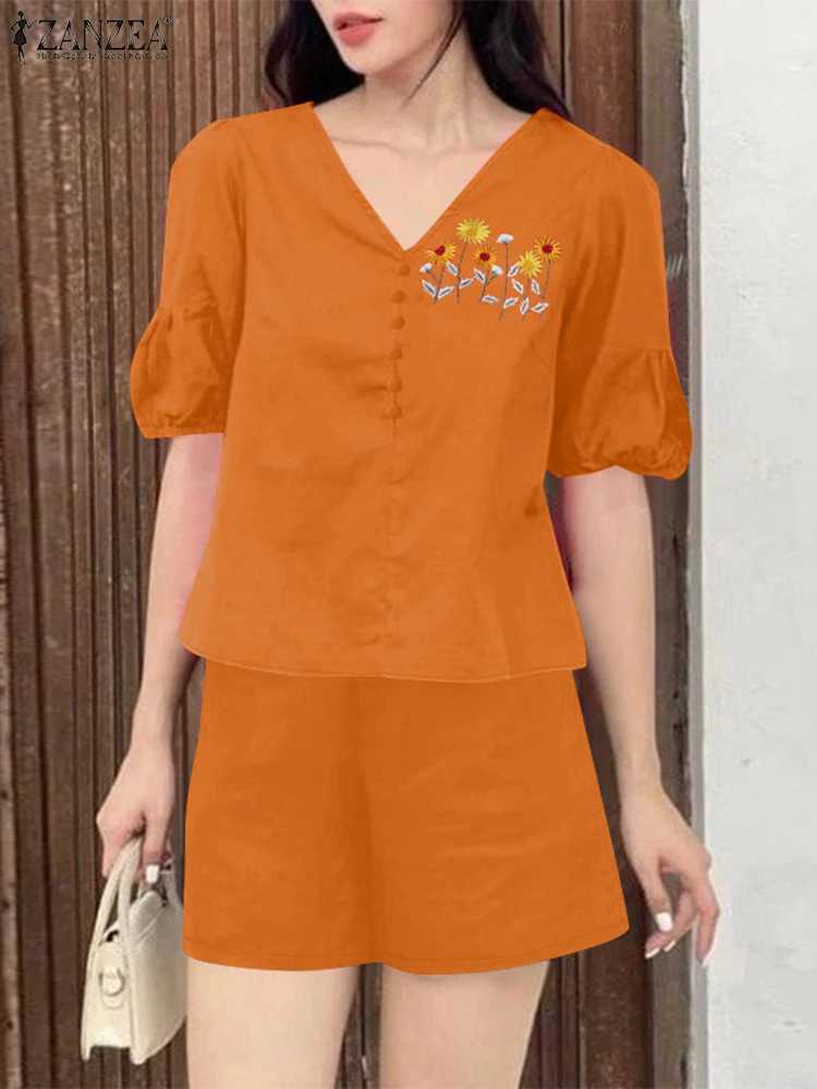 ZANZEA Fashion Short Sve Embroidery Blouse Pants Sets Summer Short Sets 2PCS Women Casual Two Piece Sets Outfits TracksuitsXJ250106