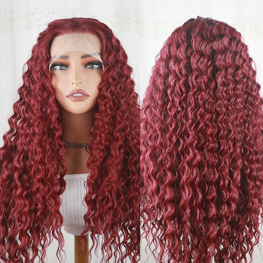 Fashion Long Deep Wave Women Stylish Wine Red 36Inch Natrual Curly Wig Good Texture Heat Resistant Fiber Look Like Human Hair