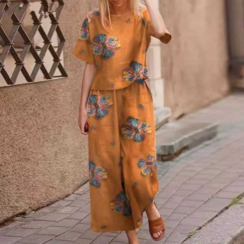 Summer Suit For Women Retro Printed Round Neck Cotton Linen Short-sved Casual Trousers Wide-leg Pants Two-piece SetXJ250106