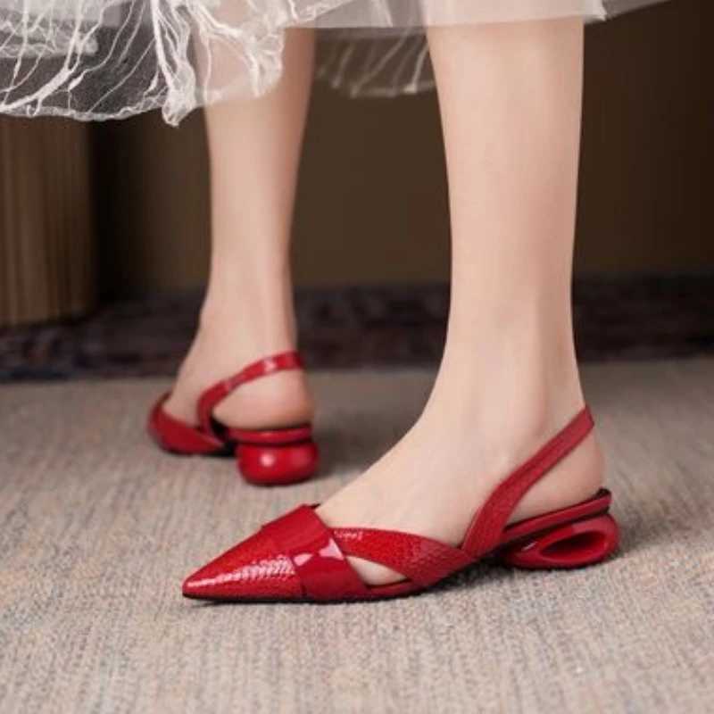 Wens Summer New Leather Pointed Low Baotou Casual hot Fashion Temperament Shaped Heel Sandals Z250107