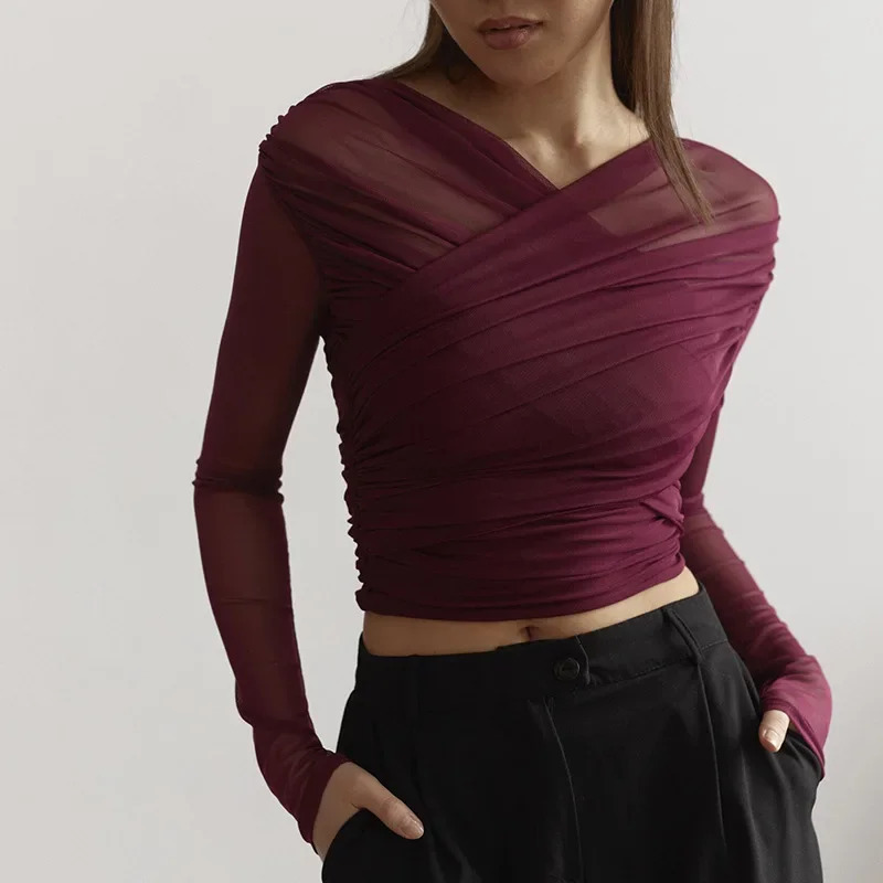 2025 Spring Chic Cross Neck Crop Tops Women Casual Solid Color Mesh See Through Sexy Pleated Long Sleeve Elegant T-Shirt 250106