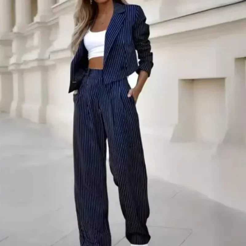 Mandylandy Casual Striped Suits Women Outfits Summer Short Style Lapel Suit Trousers Stripe Blazer Coats Straight-Leg Pants SuitXJ250106