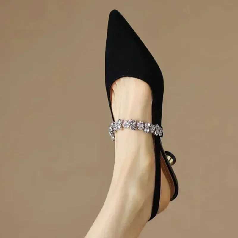 New Wens Sandals Pointed Toe New Slingbacks Rhinestone Wedding Shoes Gold Sliver Hot Low H Summer Zapatos De Mujer Z250107