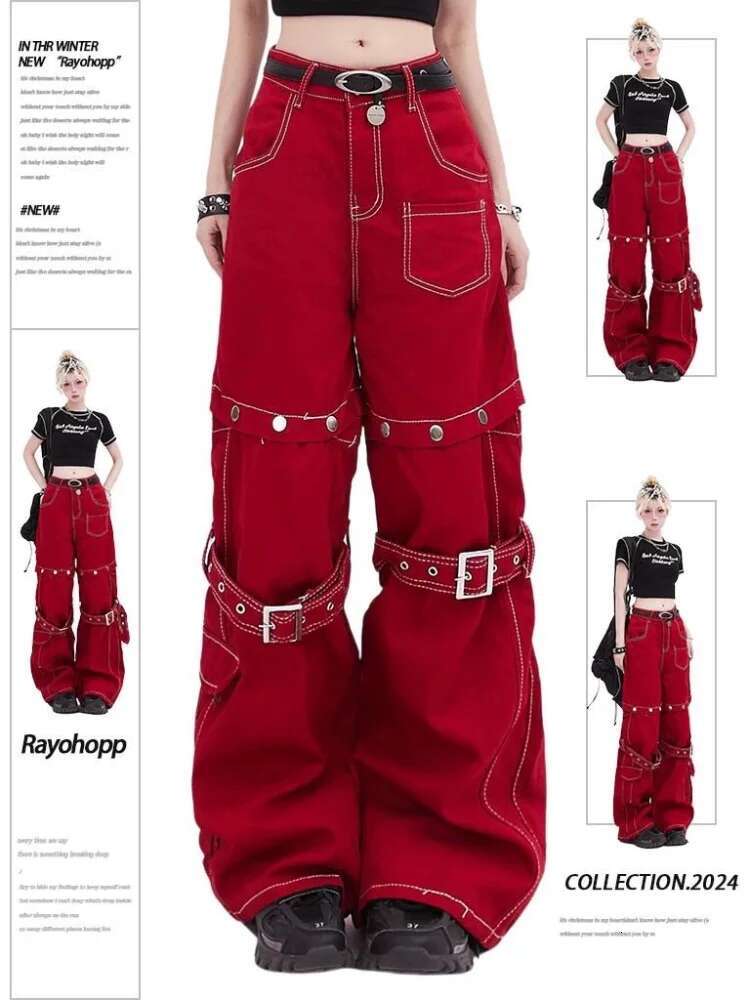 Adagirl Red Baggy Cargo For Women Y2k Hip Hop Vintage Goth Hippie Removable Wide Leg Denim Pants Streetwear Casual Bottoms