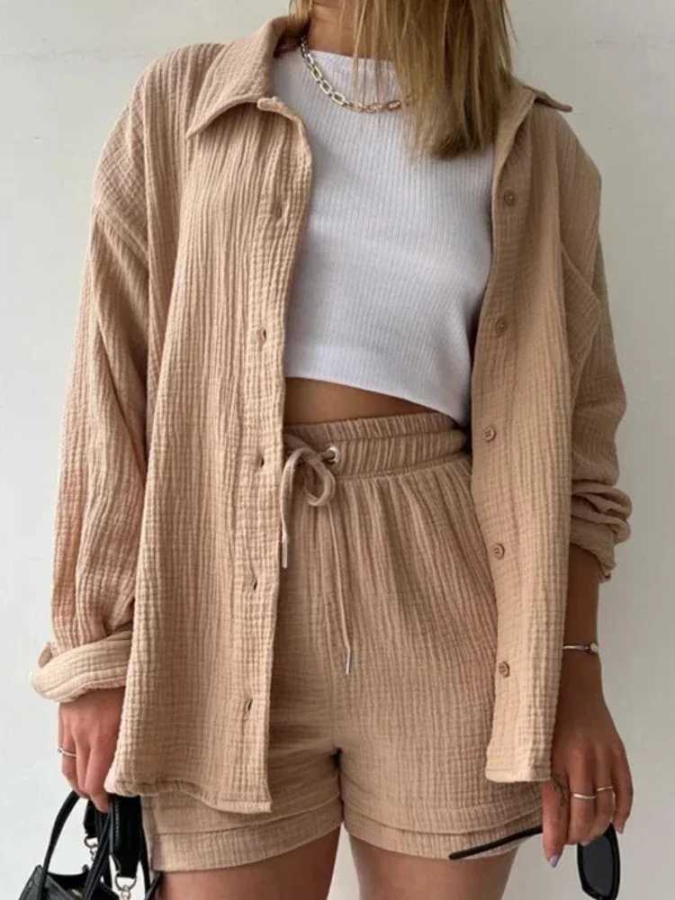 Summer Women Short Sets Outfits High Waisted Shorts Solid 2-pcs Set Casual Fe Clothing Solid Button Loose Suit StreetwearXJ250106