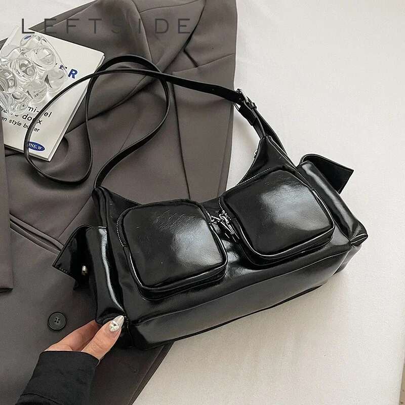 Ddmymarket Double Pockets Design Retro PU Leather Shoulder Bags For Women 2024 Y2K Fashion Trend Crossbody Bag Female Handbags