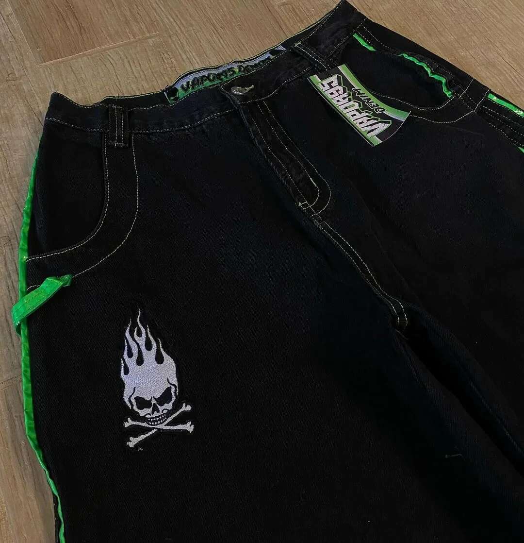 Gothic Retro Skull Print Trendy High Jeans For Men And Women Casual Straight Loose Washed Y2k Multifunctional Wide Leg Pants