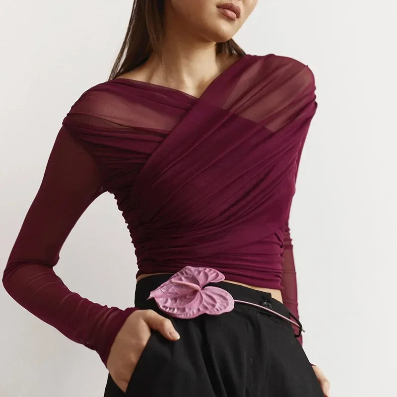 2025 Spring Chic Cross Neck Crop Tops Women Casual Solid Color Mesh See Through Sexy Pleated Long Sleeve Elegant T-Shirt 250106