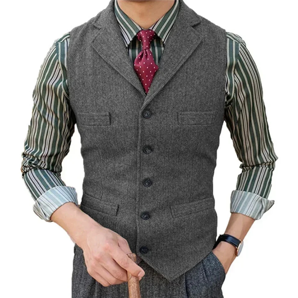 Mens Suit Vest in Vintage Herringbone Tweed Retro Style Waistcoat with Notch Lapel for Weddings or Formal Events 250107