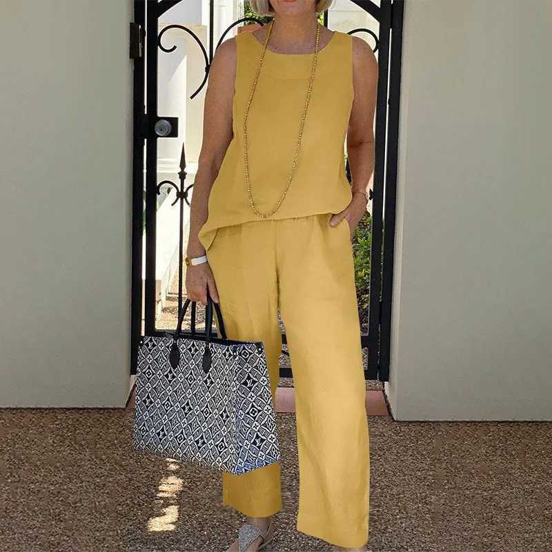 2024 Womens Pant Set Summer Casual Solid Sveless Tops And Ankle Length Pants Cotton Linen Two Piece Suits New Ladies OutfitXJ250106