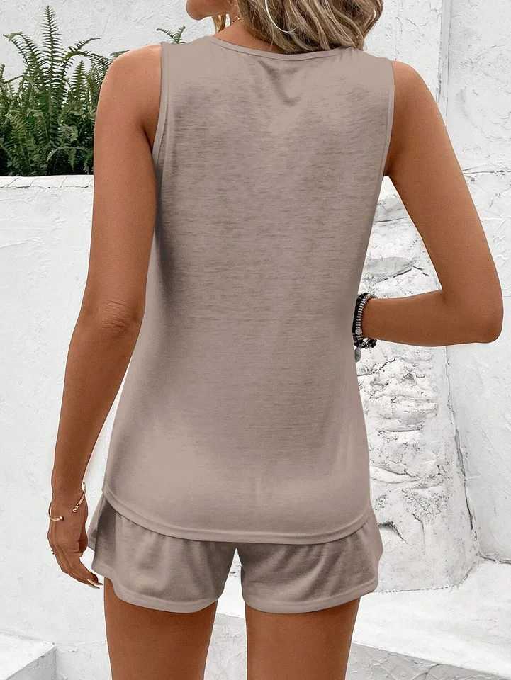 Ladies Feather Print Vest and Solid Color Shorts Set Summer SetXJ250106