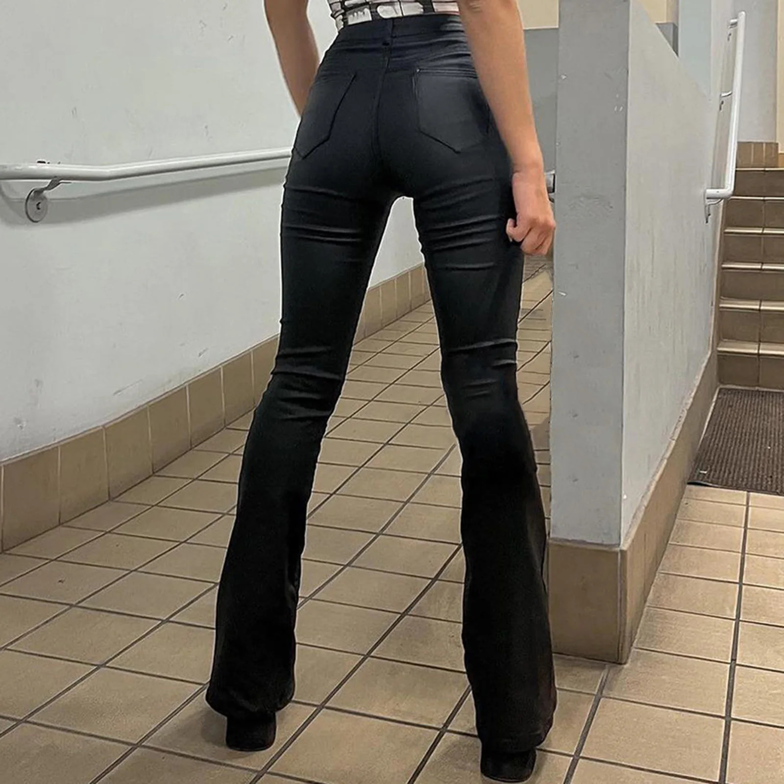 Women Fashion PU Leather Pants Women Flare Long Pants Solid Color High Waist Skinny Push Bell Botom Female Casual Trousers 250106