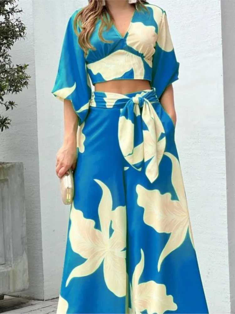 Vacation Beach Fashion Set Womens Fashion Spring V-neck Lantern Sve Top T-shirt Loose Sexy Lace Up Loose Pants Two Piece SetXJ250106