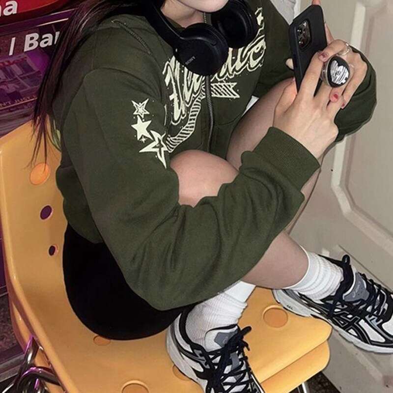 Fashion hoodie cardigan loose hooded new letter embroidered casual short jacket for girls