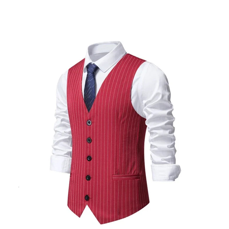 Explosive European Code Striped Mens Suit Vest Fashion Business Formal Wear Casual Waistcoats Red and Black Stripes S2XL 250107