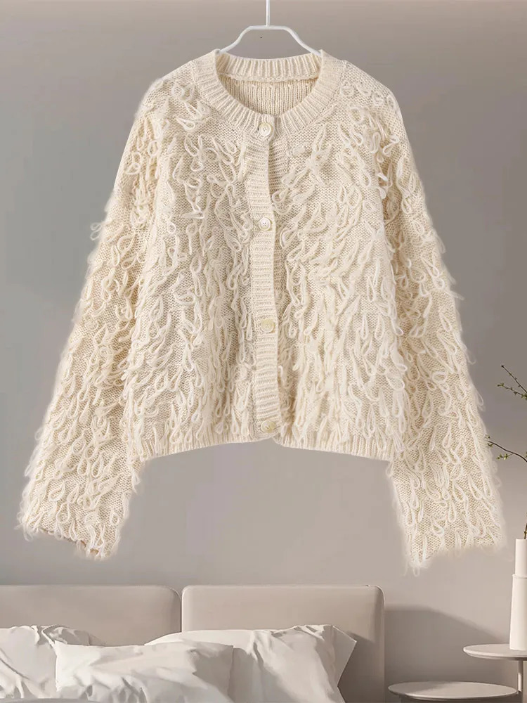 Tassel Knitted Cardigan Women Street Chic O-Neck Long Sleeve Female Sweaters 2024 Autumn Winter Single Breasted Loose Lady Coat 241225