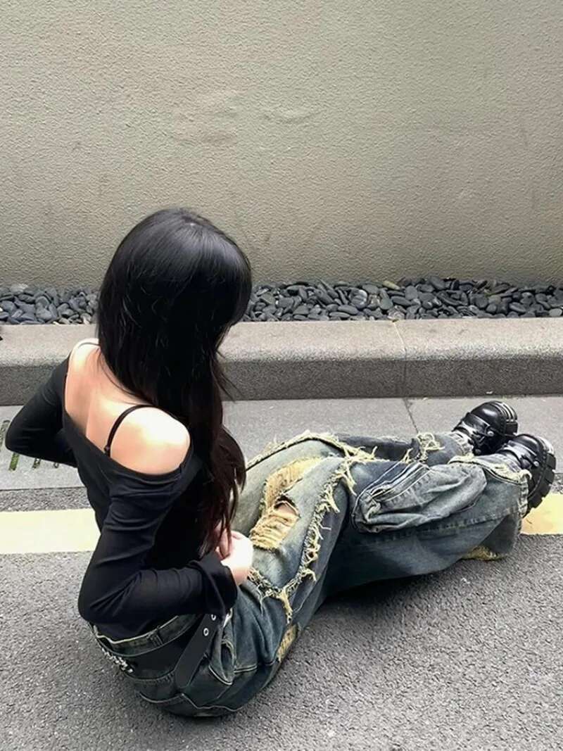 Y2k Ripped Tassel Washed Baggy Woman Retro Street Hip-Hop Loose Old Fashion Casual High Waist Wide Leg Jeans