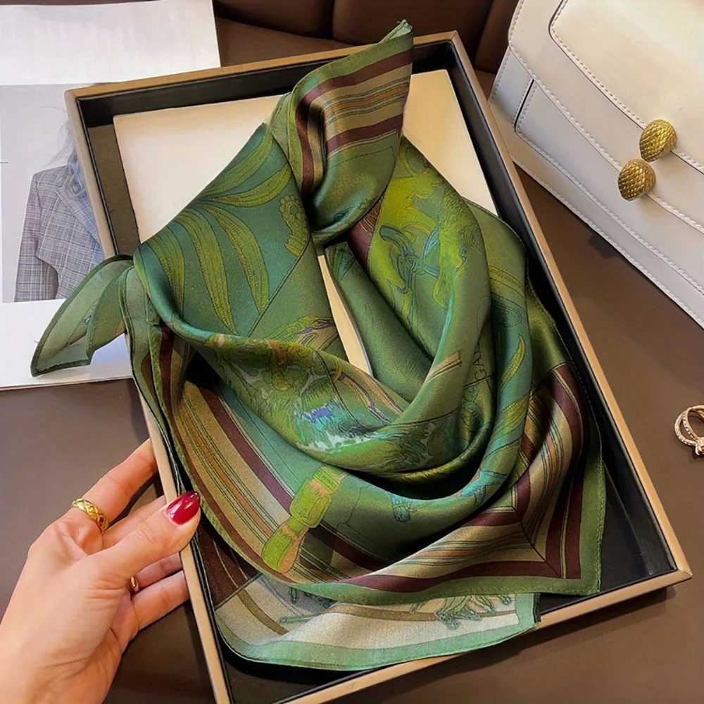 Luxury green printed square scarf with simulated silk satin neck scarf elegant womens professional decorative small scarf W250106