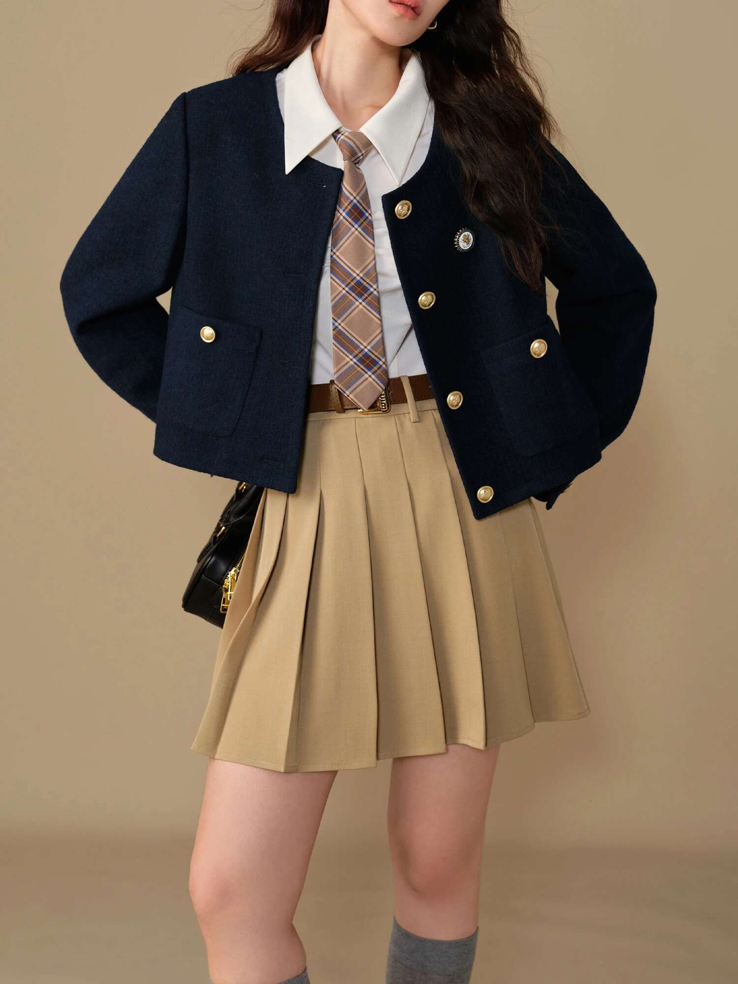 DUSHU Women Red Jackets Round Neck Single Breasted New Navy Blue Female Winter Thicken Tweed Coats 24Ds84286