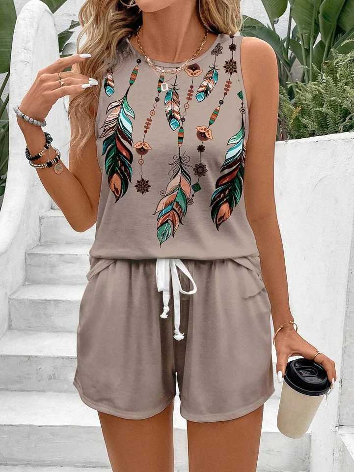 Ladies Feather Print Vest and Solid Color Shorts Set Summer SetXJ250106