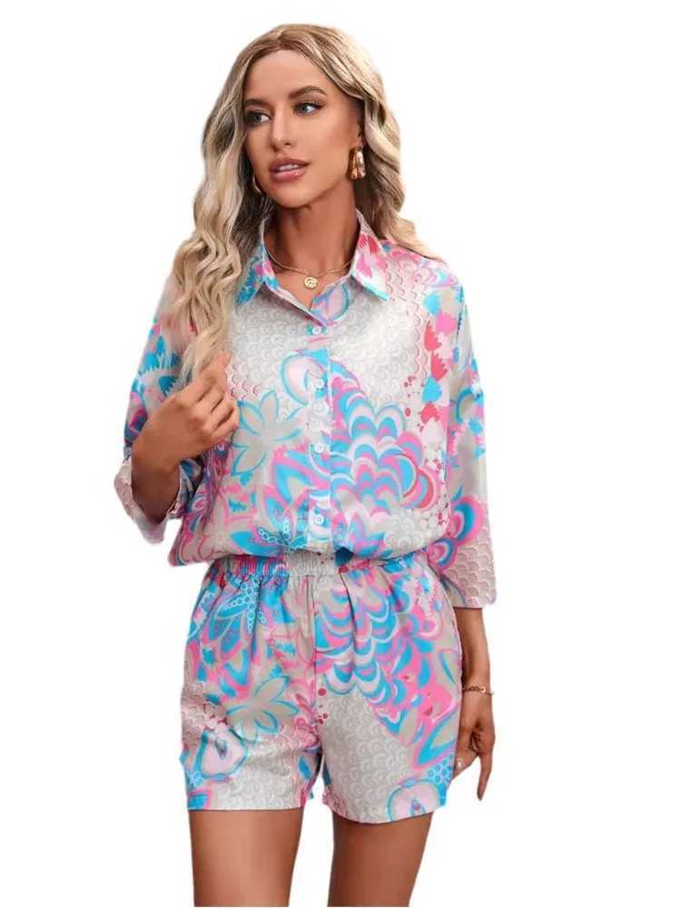 New Print Three-quarter Sve Short Casual Suit Spring Summer Fashion Ele Casual Button Shirt 2 Piece Set Womens ClothingXJ250106