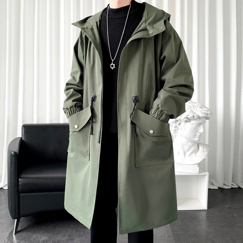Trench Coat Mens Fashion Overcoat Men Casual Slim Fit Windbreaker Solid Long Coat Male Autumn Homme BlackKhakiArmy green 241225