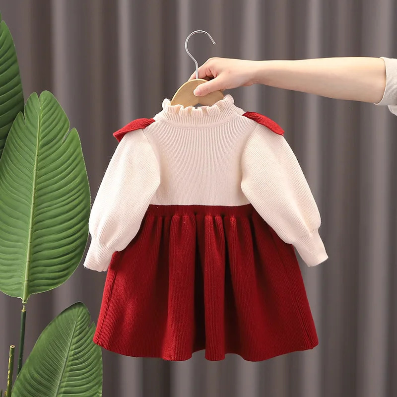 Autumn Winter Children Girls Dress Cotton Bear Bow Christmas Baby Girl Princess Dress Spliced Fleece Warm Infant Girl Dress 250107