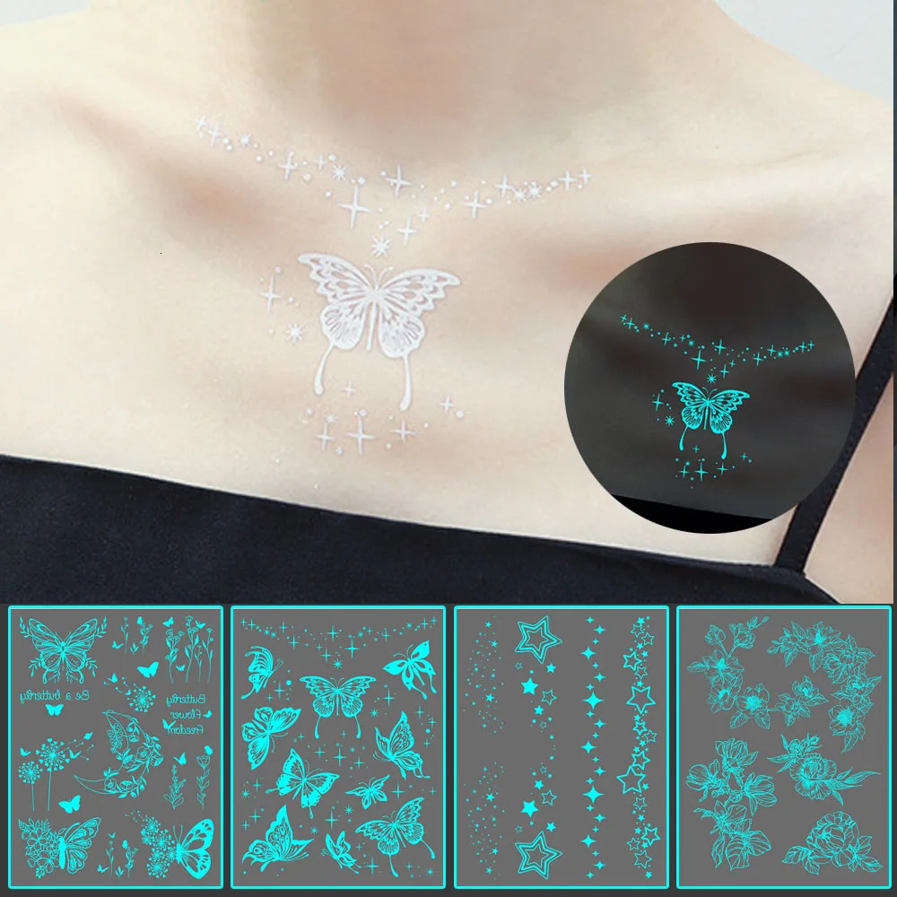 Luminous Butterfly Tattoo Stickers Waterproof Body Art Flower Tattoos Clavicle Beautiful For Kid 241230