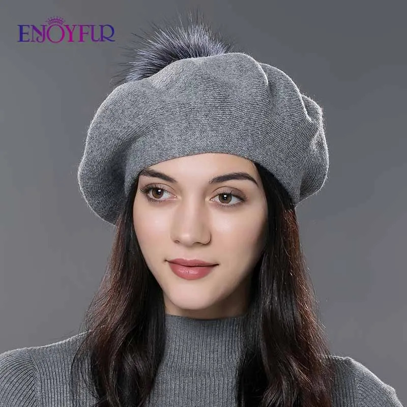 ENJOYFUR Women Winter Classic French Beret Cashmere Wool Knit Real Fur Pom Beret Hat For Lady Warm Fashion Fur pom Beret 250106