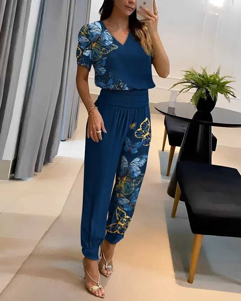 Fashion Short Sve Tshirt Pants Set Office Lady Casual Loose V Neck Floral Print Trousers Two Piece Set Women Outfit 2023XJ250106