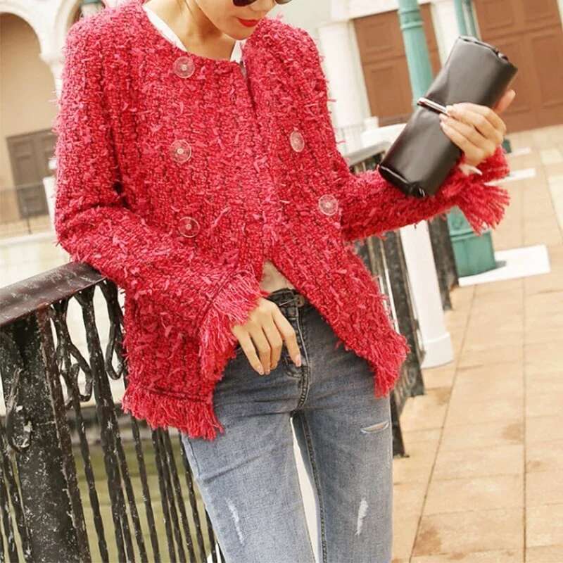 New Women's Spring Red Fringed Tweed Breasted Jacket Female Coat Can Customized Size