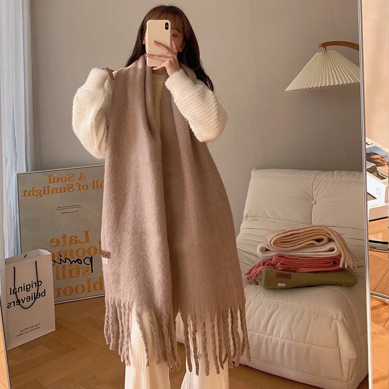 USPOP Women Scarf Winter Long Large Tassel Scarves Soft Solid Color Wrap Pashmina 250106