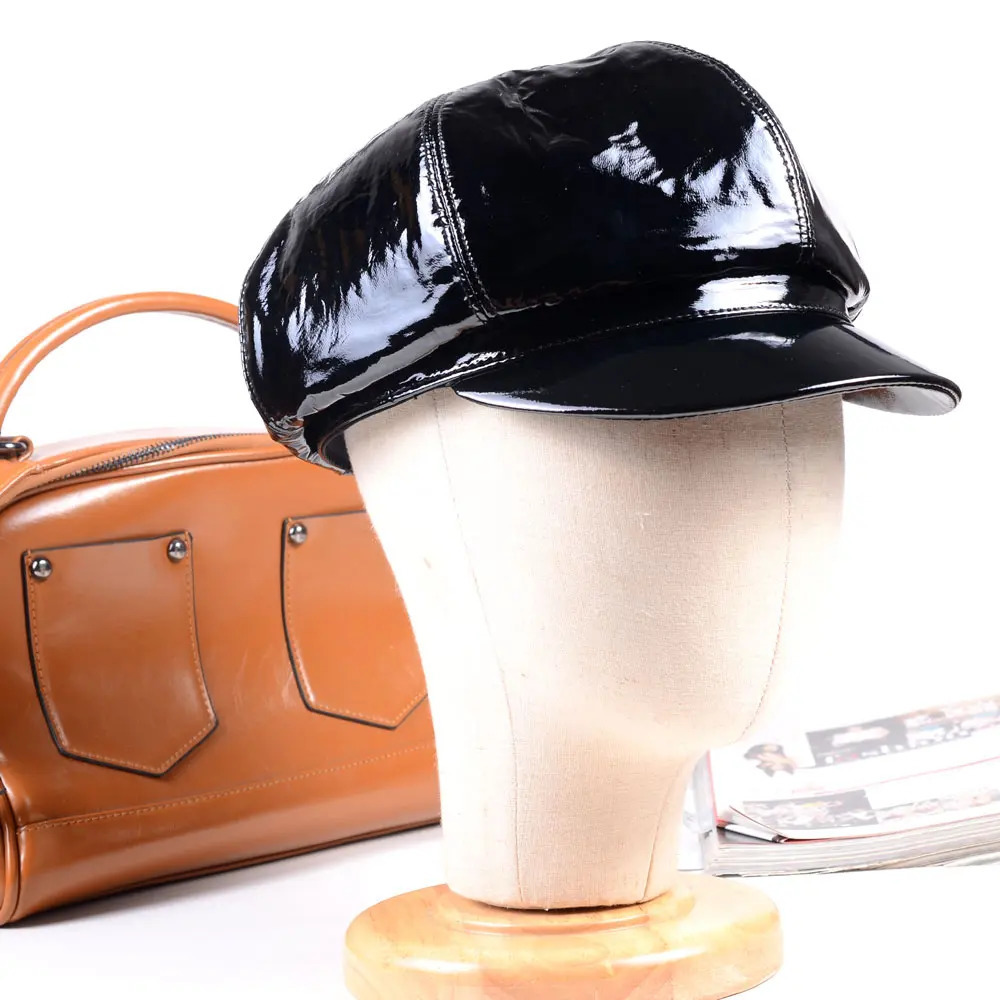 Mens Womens Ladies Real leather Shiny Black Patent Leather Fashion Beret Sailor cap Punk sboy Caps/Hats 250107