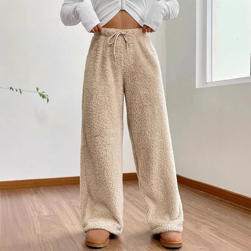 Autumn Winter Solid Women Plush Warm Fleece Wool Pants Casual Loose Drawstring Women High Waist Comfortable Material Sweatpants 250106