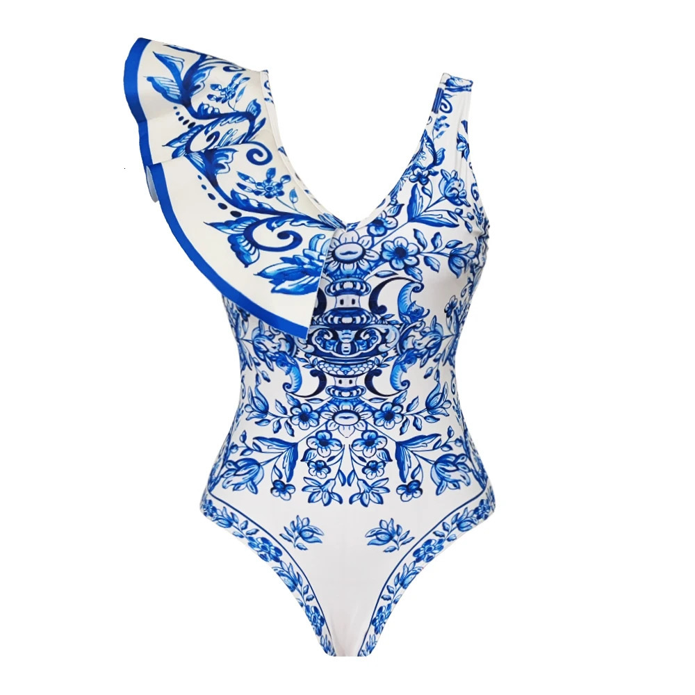 Printed Ruffle One Piece Swimsuit With Cover Up Sexy Swimwear Women Flat Belly Swim Suits Bathsuit Belt Bodysuit Beach Outing 250106