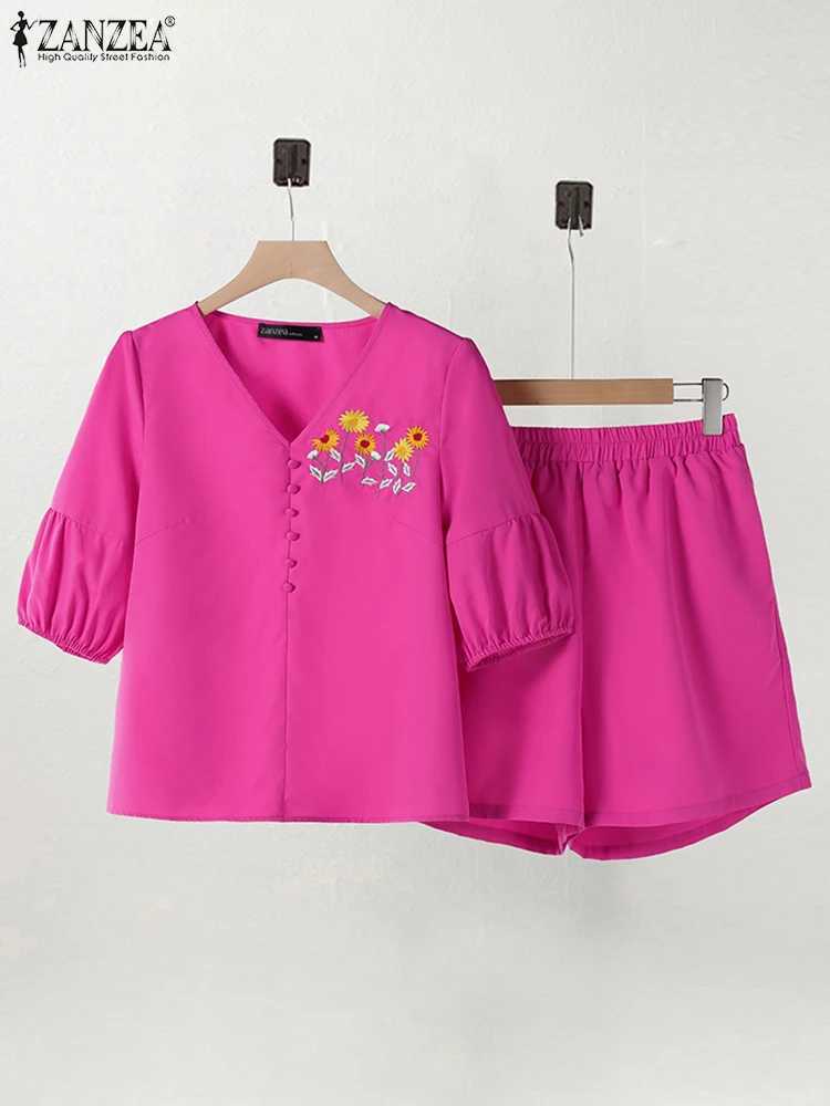 ZANZEA Fashion Short Sve Embroidery Blouse Pants Sets Summer Short Sets 2PCS Women Casual Two Piece Sets Outfits TracksuitsXJ250106